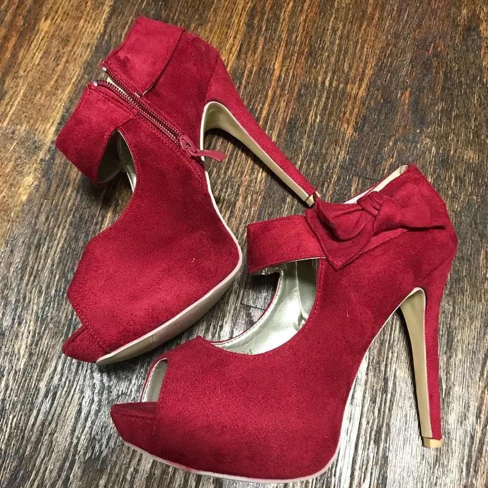 Red Suede Mary Jane Platform Heels